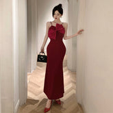 dress Women's Sexy Three-Dimensional Bow Beaded Evening Dress Sling Dress